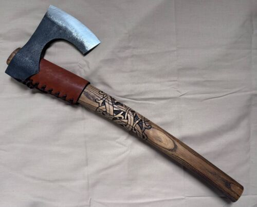 Hand Forged Carbon Steel Viking Bearded Axe with Ash Wood Handle and Leather Sheath