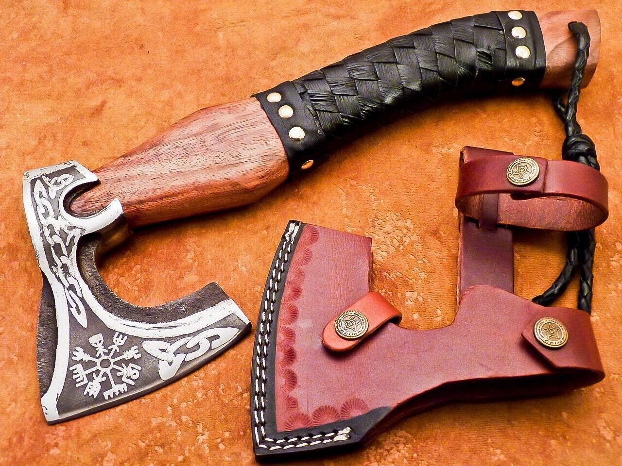 Hand Forged Carbon Steel Viking Bearded Hatchet Tomahawk Axe with Wooden Handle and Leather Sheath