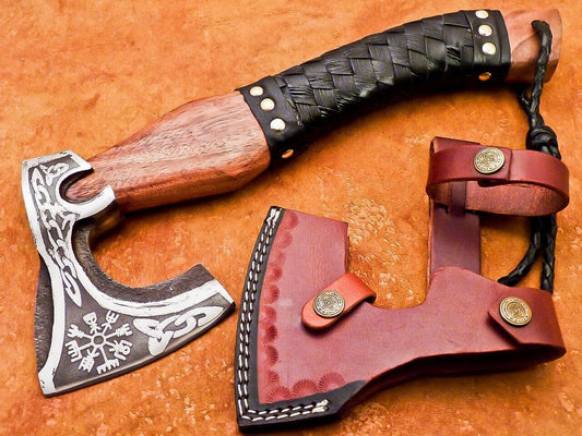 Hand Forged Carbon Steel Viking Bearded Hatchet Tomahawk Axe with Wooden Handle and Leather Sheath