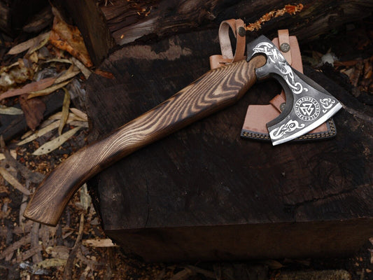Hand Forged Carbon Steel Viking Tomahawk Axe with 18 Inch Ash Wood Handle and Leather Sheath
