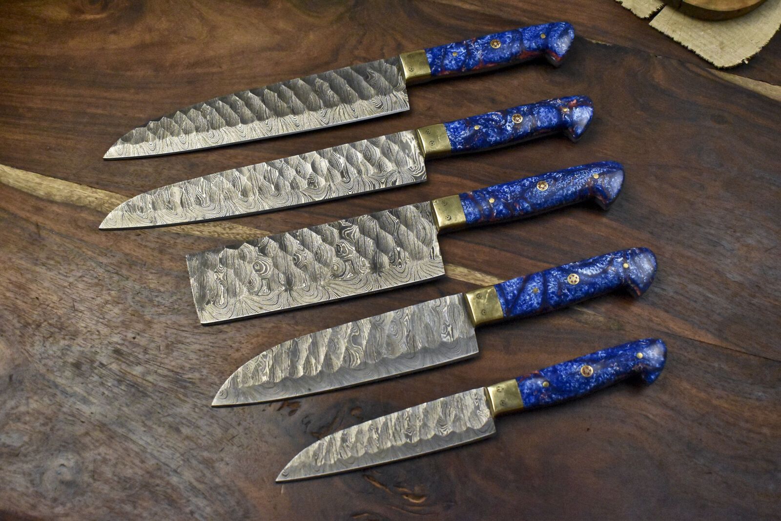 Hand Forged Chef Knife Set – Lot of 5 Twist Pattern Damascus Steel Knives with Micarta Handles & Brass Bolster