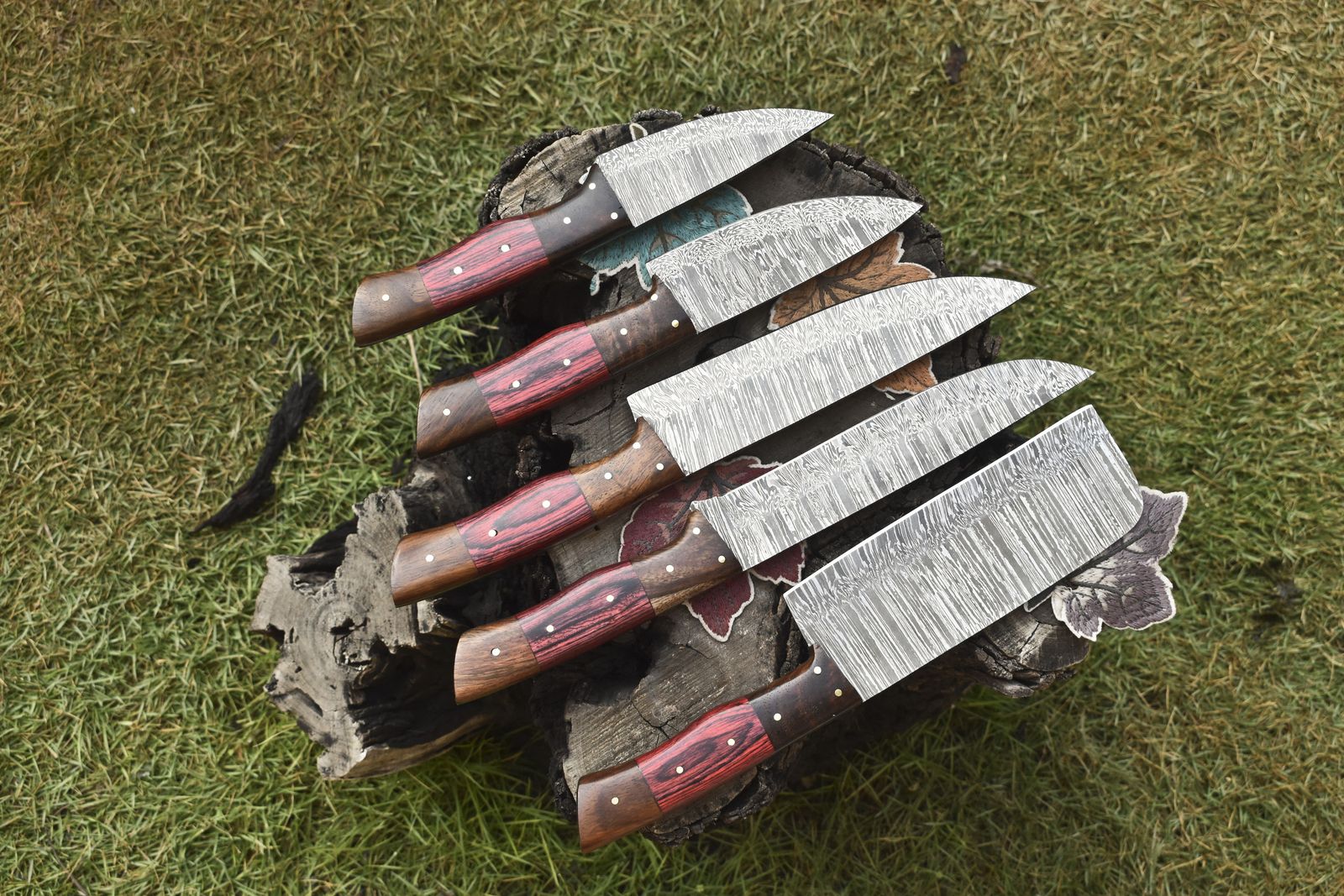 Hand Forged Chef Knife Set Twist Damascus Steel with Hard Wood Handles – Lot of 5 Camping Knives