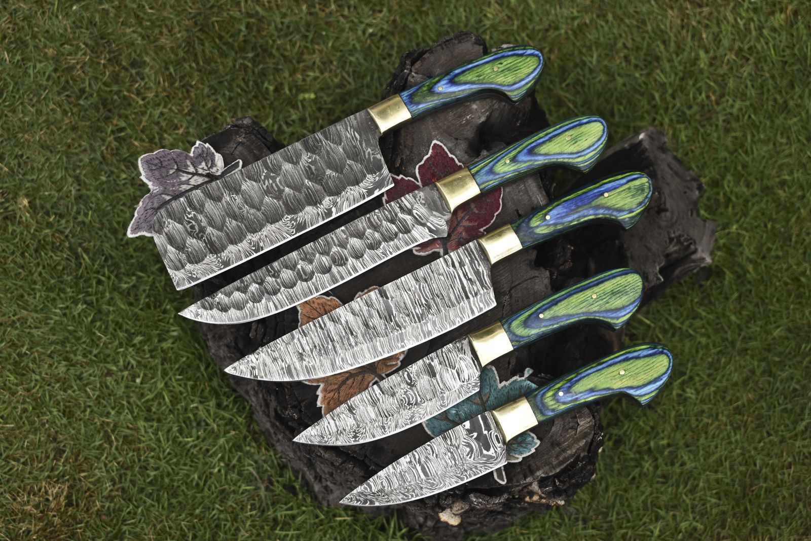 Hand Forged Chef Knife Set Twist Damascus Steel with Hard Wood Handles – Lot of 5 EDC Knives