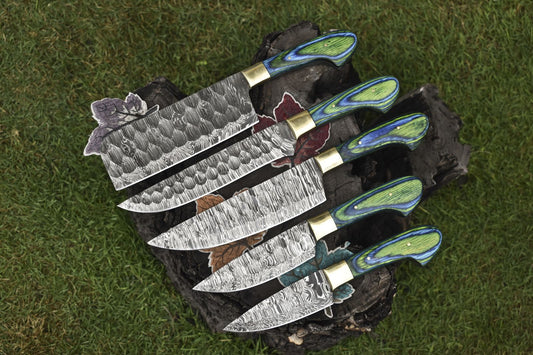 Hand Forged Chef Knife Set Twist Damascus Steel with Hard Wood Handles – Lot of 5 EDC Knives