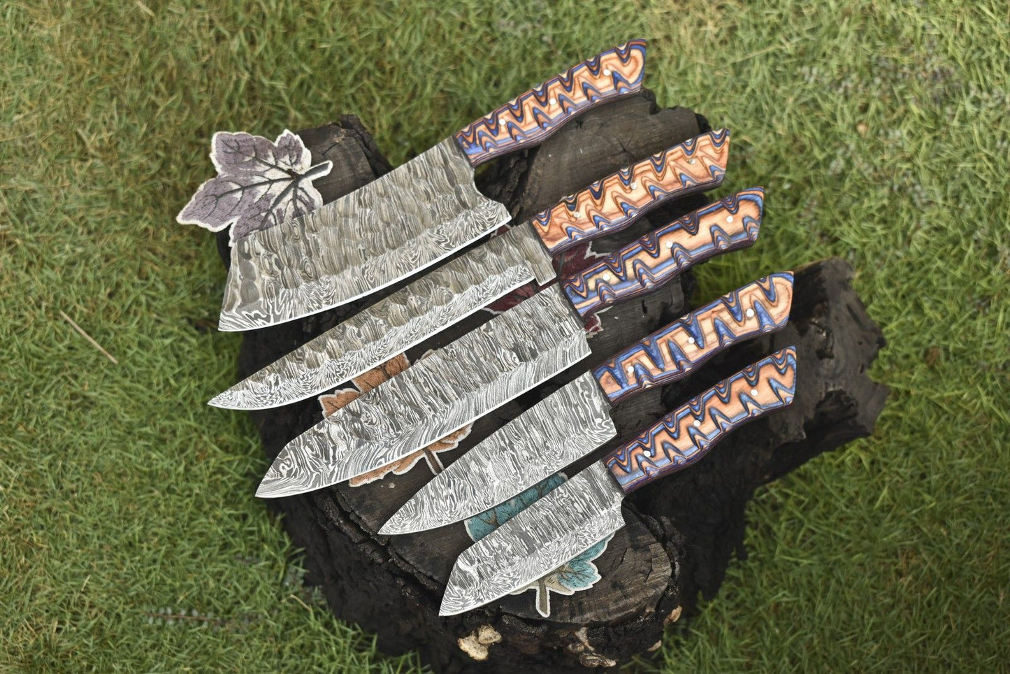 Hand Forged Chef Knife Set Twist Damascus Steel with Hard Wood Handles – Lot of 5 Hunting Knives