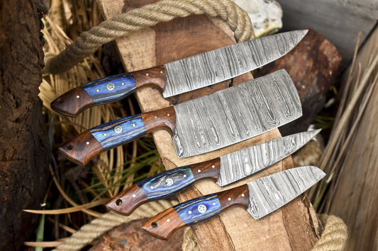 Hand Forged Chef Knife Set of 4 – Twist Damascus Steel with Hardwood Handle – Survival & Kitchen Knives
