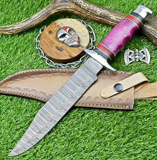 Hand Forged Custom Bowie Knife Damascus Steel Knife with Antler Handle & Leather Sheath