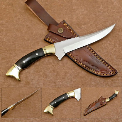Hand Forged D2 Clip Point Full Tang 12" Bowie Hunting Knife with Leather Sheath 