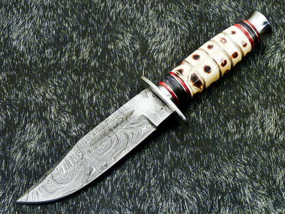 Hand Forged Damascus 10" Bowie Hunting Knife | Camel Bone & Hardwood Handle