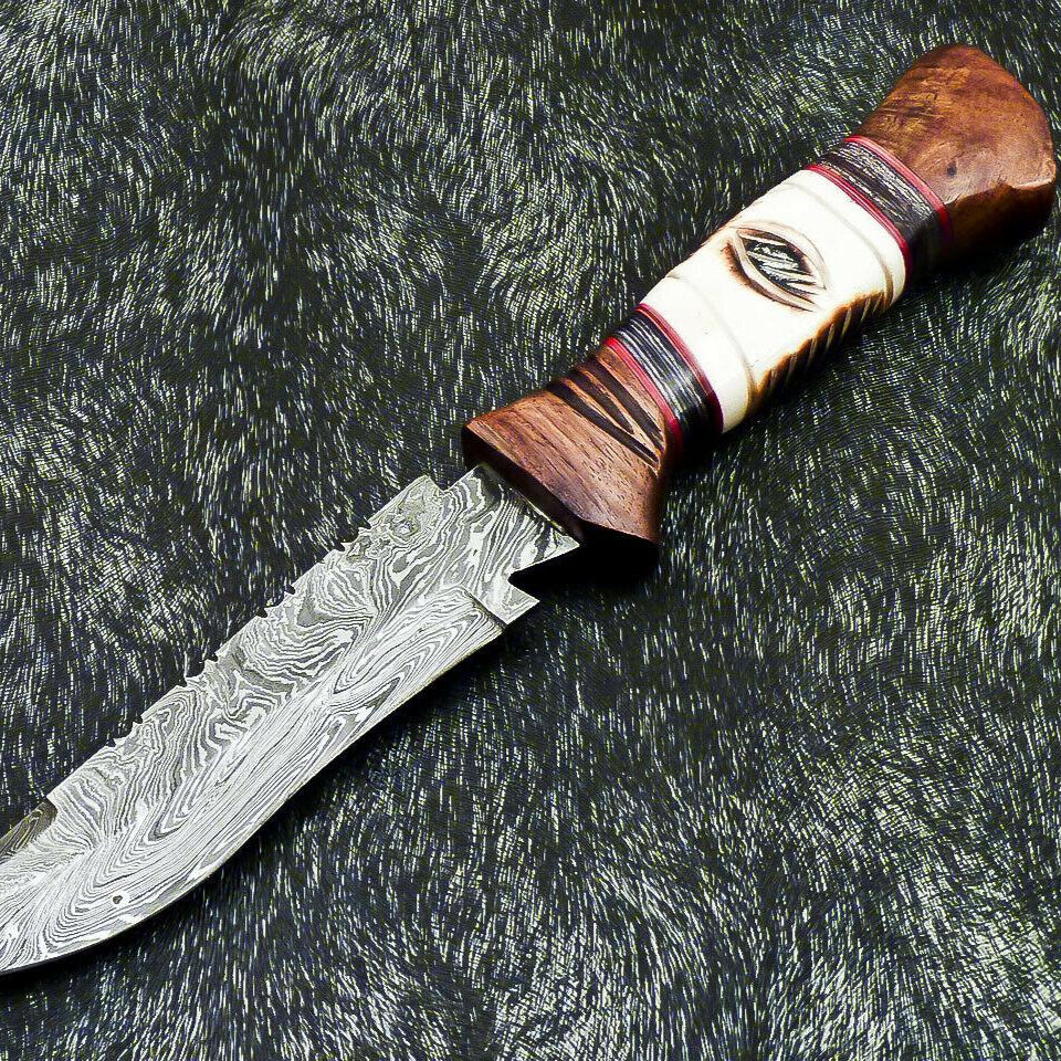  Hand Forged Damascus 11" Bowie Hunting Knife | Camel Bone Handle