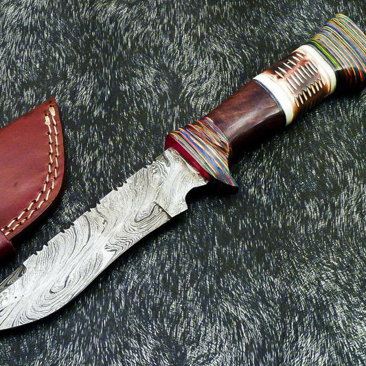 Hand Forged Damascus 11" Bowie Hunting Knife | Engraved Camel Bone Handle