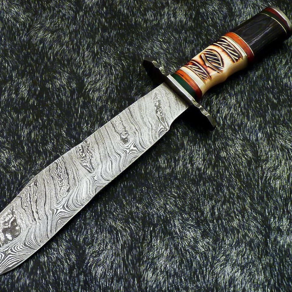Hand Forged Damascus 15.5" Bowie Hunting Knife | Hard Wood & Camel Bone Handle