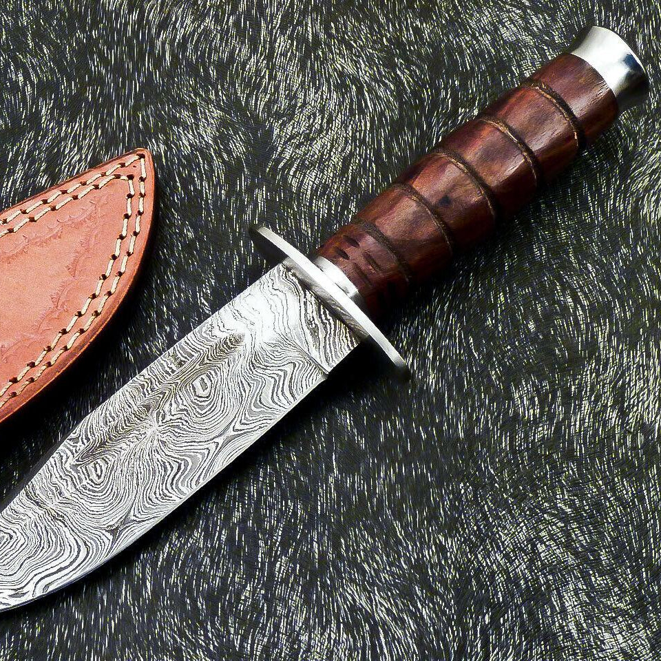 Hand Forged Damascus 9" Bowie Hunting Knife – Natural Wood Handle