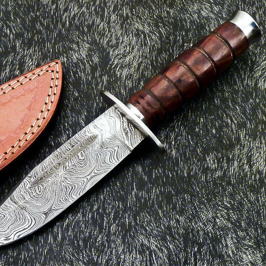 Hand Forged Damascus 9" Bowie Hunting Knife – Natural Wood Handle