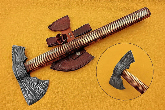 Hand Forged Damascus Ash Wood Tomahawk Axe Hatchet with Leather Sheath