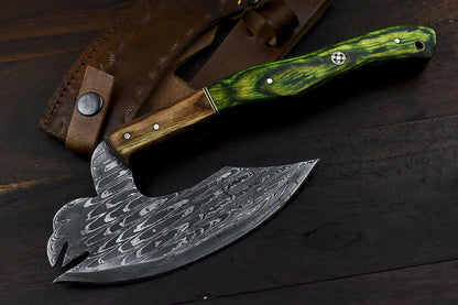 Hand Forged Damascus Axe Knife Hard Wood Hunting Clever Chopper with Leather Sheath