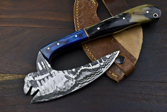 Hand Forged Damascus Axe Ram's Horn Handle Damascus Steel Axe Clever Chopper Knife with Leather Sheath