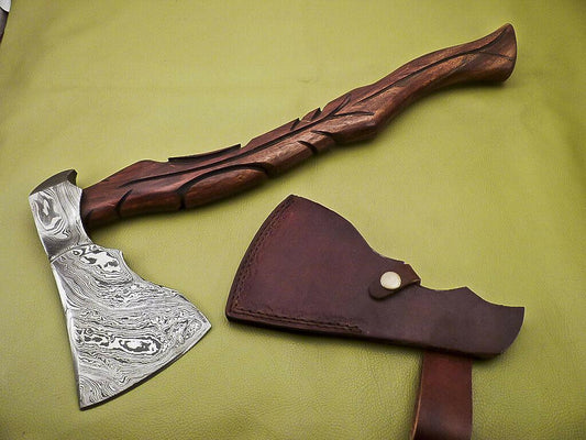 Hand Forged Damascus Axe Tomahawk Axe With Walnut Wood Handle and Sheath