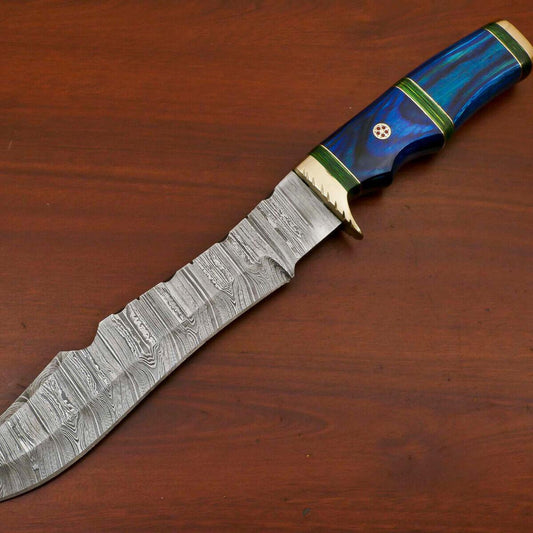 Hand Forged Damascus Bowie Hunting Knife – Hard Wood Handle