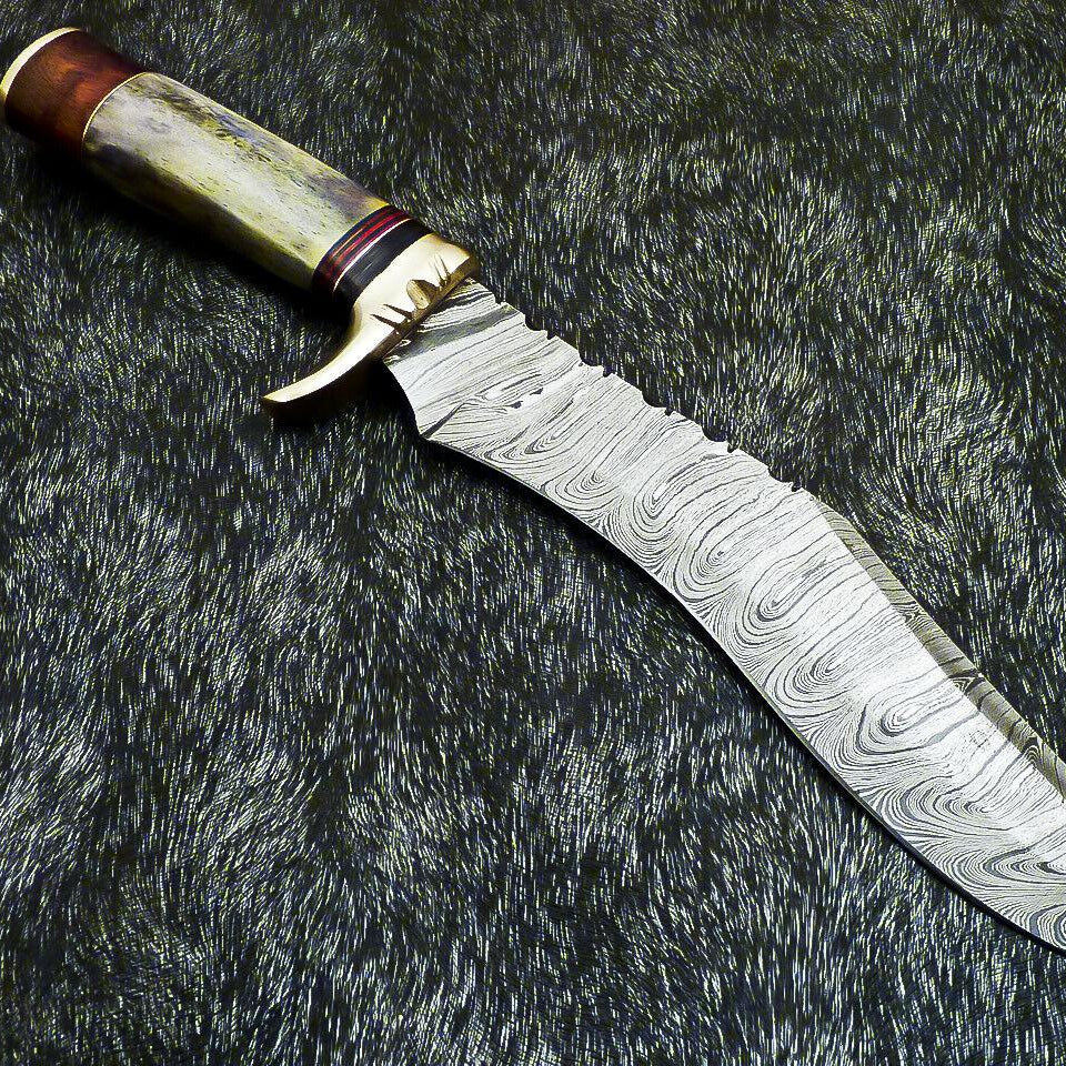 Hand Forged Damascus Bowie Hunting Knife – Stained Bone Handle