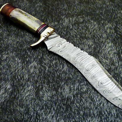 Hand Forged Damascus Bowie Hunting Knife – Stained Bone Handle