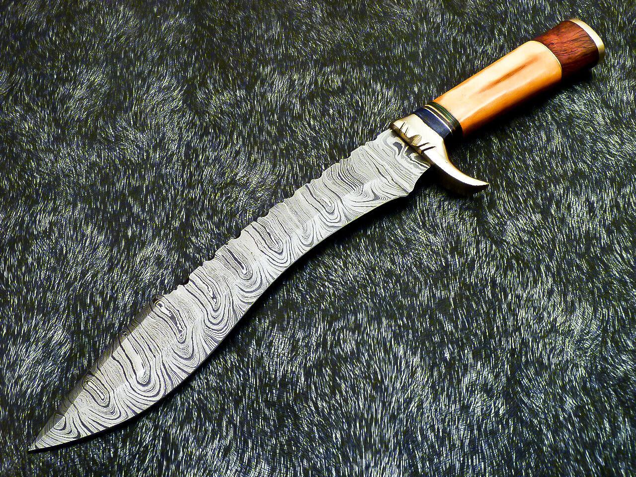 Hand Forged Damascus Bowie Hunting Knife – Stained Bone Handle, 15"