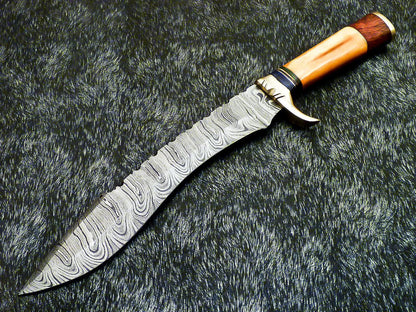 Hand Forged Damascus Bowie Hunting Knife – Stained Bone Handle, 15"