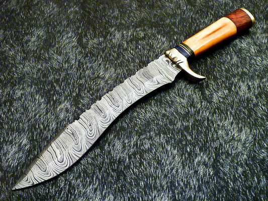 Hand Forged Damascus Bowie Hunting Knife – Stained Bone Handle, 15"