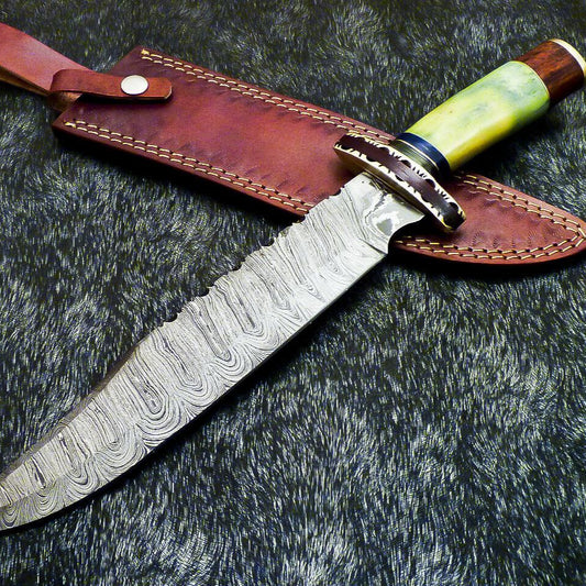  Hand Forged Damascus Bowie Hunting Knife – Stained Bone Handle, 15" Overall