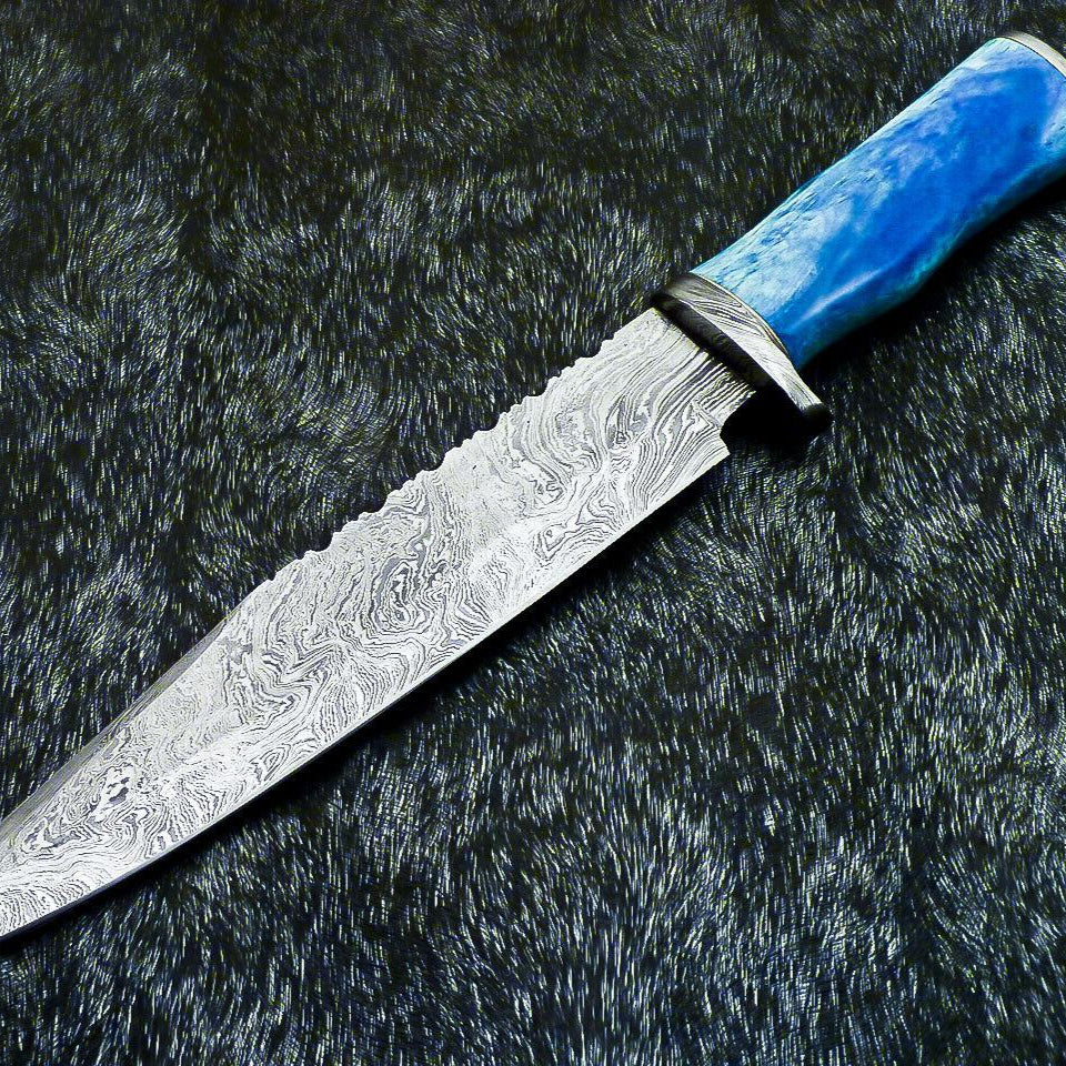  Hand Forged Damascus Bowie Hunting Knife | Stained Bone Handle & Leather Sheath