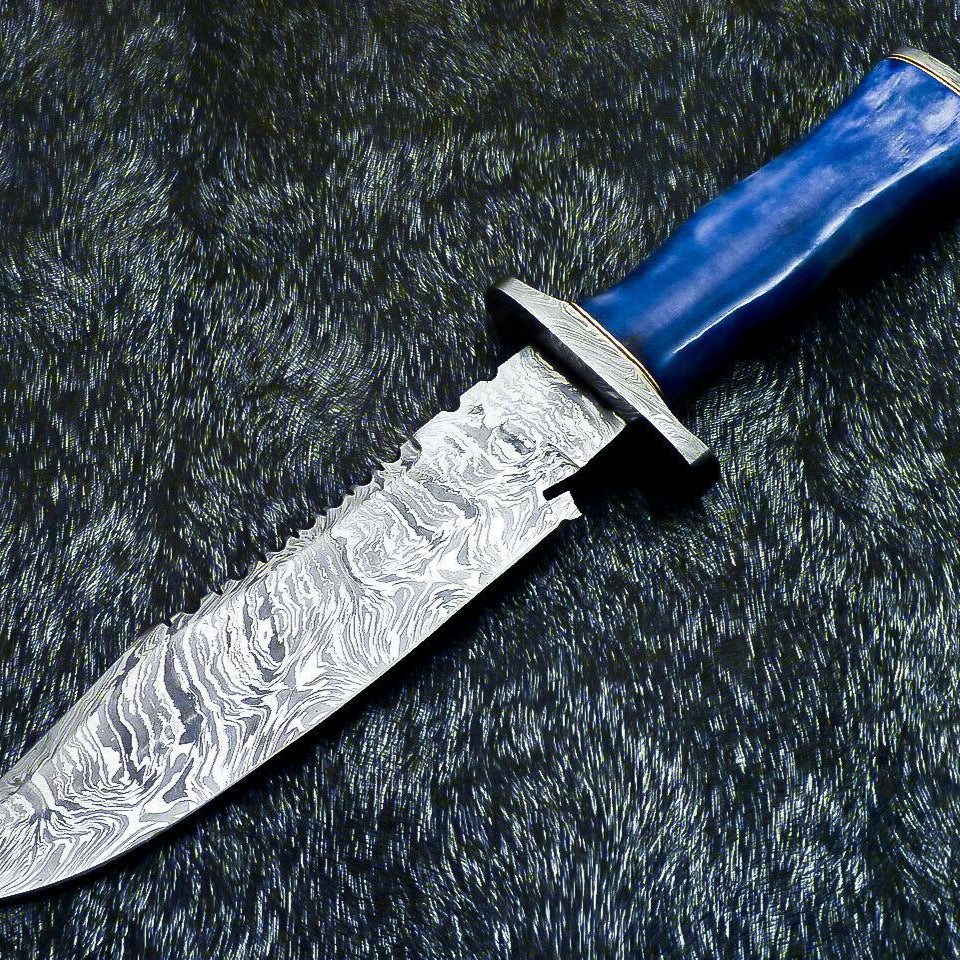  Hand Forged Damascus Bowie Hunting Knife | Stained Camel Bone Handle & Leather Sheath