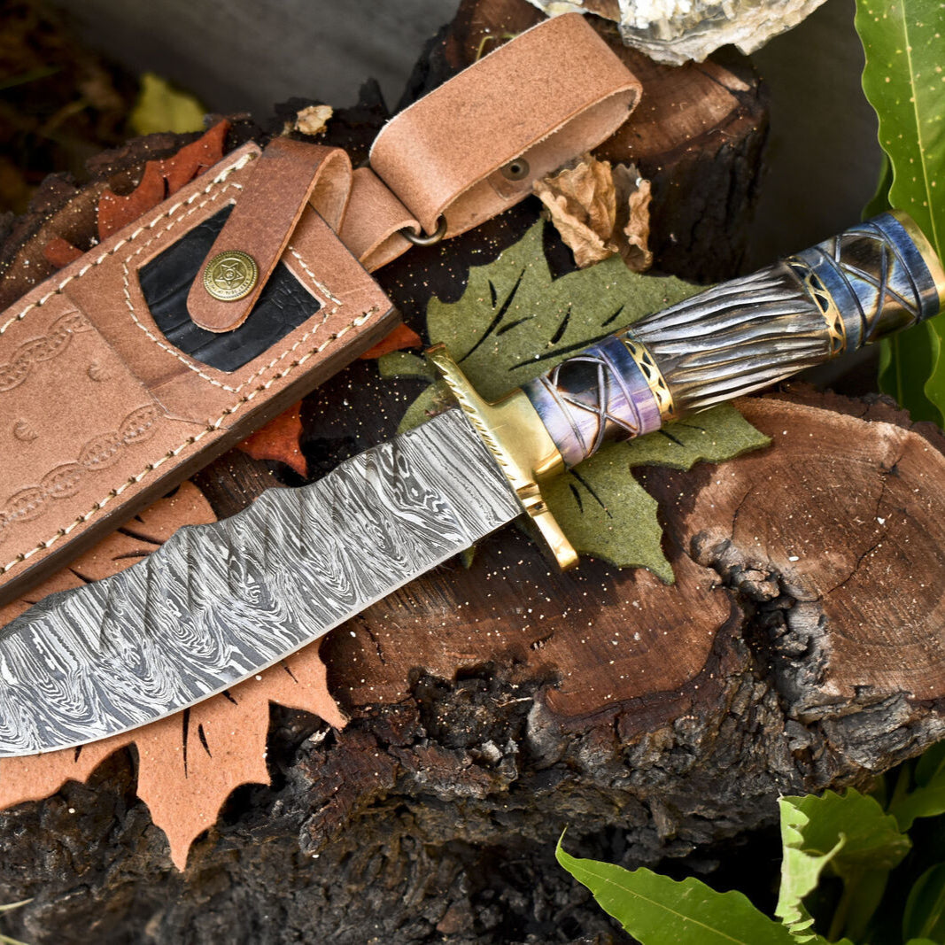 Hand Forged Damascus Bowie Knife with Camel Bone Handle