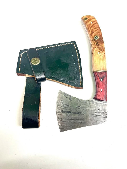 Hand Forged Damascus Combat Survival Axe with Olive Wood Handle and Leather Cover – Hunting Hatchet