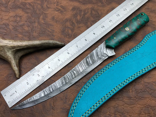  Hand Forged Damascus Fillet Knife 14" Fillet Knife with Leather Sheath