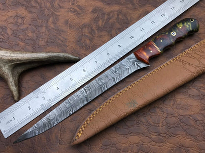 Hand Forged Damascus Fillet Knife 14" Fillet Knife with Sheath