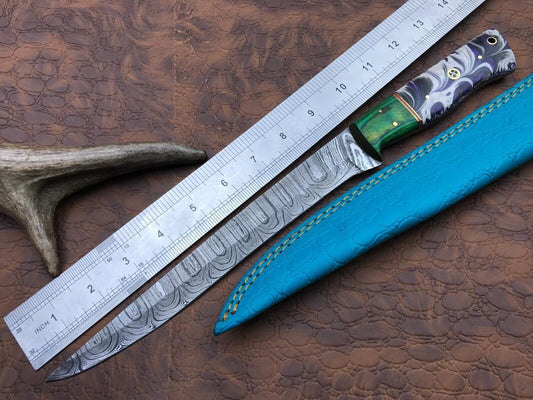 Hand Forged Damascus Fillet Knife 14" Fillet Knife with Sheath for Hunting