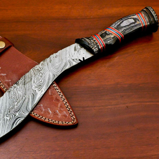 Hand Forged Damascus Khukri Bowie Knife – 15" Carved Hardwood Handle