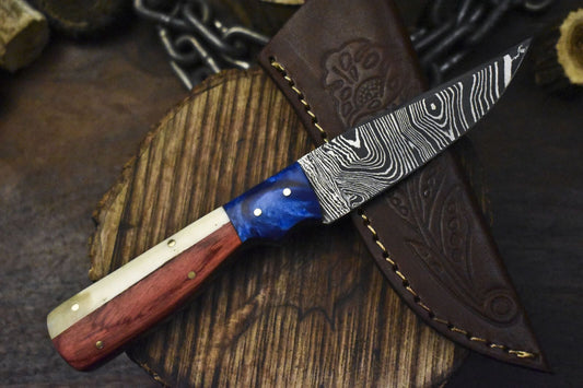 Hand Forged Damascus Skinner Knife 8" Twist Pattern Bone and Wood Handle EDC

