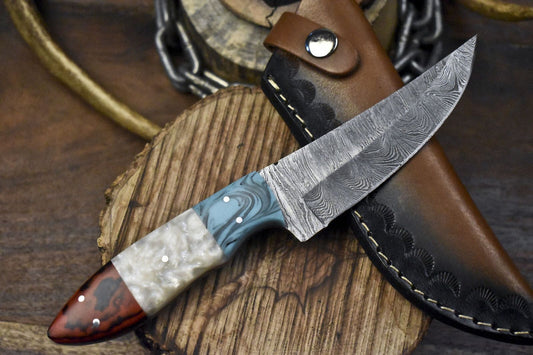 Hand Forged Damascus Skinner Knife Twist Pattern Corian Handle – Custom Handmade Hunting Knife Gift