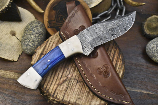 Hand Forged Damascus Skinner Knife Twist Pattern with Hardwood Handle – Custom Hunting Knife for Sale