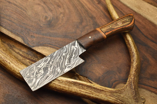Hand Forged Damascus Skinner Knife with Hardwood Handle – Compact Everyday Carry with Leather Sheath