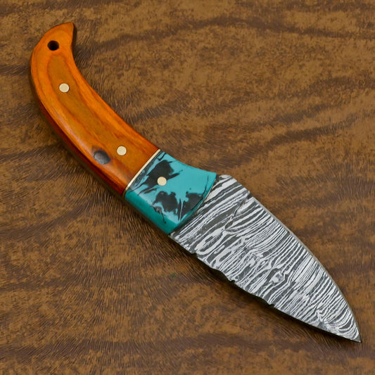 Hand Forged Damascus Skinner Knife with Resin and Wood Handle – Custom Fixed Blade Hunting EDC Knife