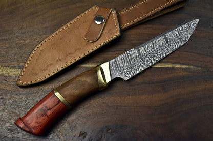 Hand Forged Damascus Skinner Knife with Twist Pattern Blade, Hardwood Handle, and Brass Bolster – 12 Inch Hunting Knife EDC