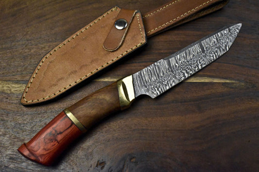 Hand Forged Damascus Skinner Knife with Twist Pattern Blade, Hardwood Handle, and Brass Bolster – 12 Inch Hunting Knife EDC