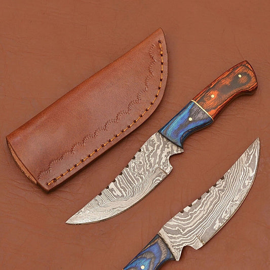 Hand Forged Damascus Skinner Knife with Wood Handle – Camping and Hunting Blade with Sheath