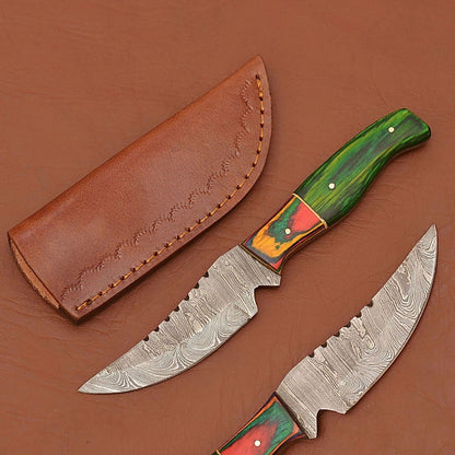 Hand Forged Damascus Skinner Knife with Wood Handle for Hunting Camping and Survival