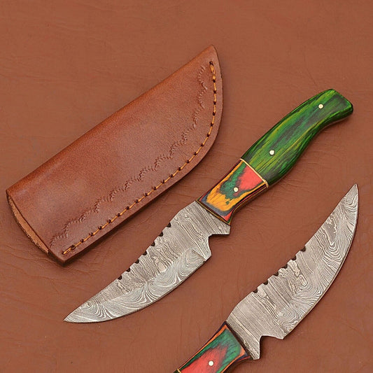 Hand Forged Damascus Skinner Knife with Wood Handle for Hunting Camping and Survival