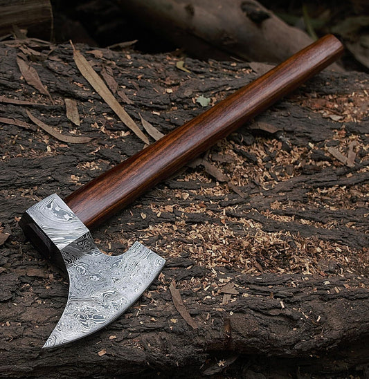 Hand Forged Damascus Steel Axe | Bearded Goosewing Damascus Axe with Wood Handle & Leather Sheath 