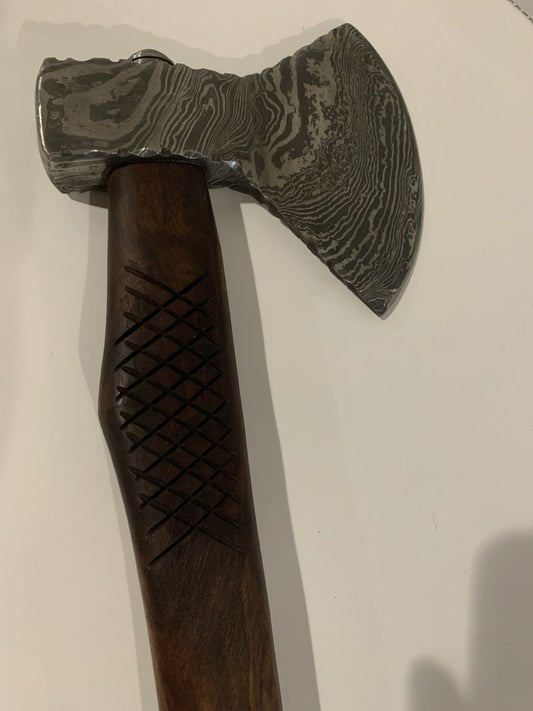 Hand Forged Damascus Steel Axe Hatchet with Wood Handle and Leather Sheath