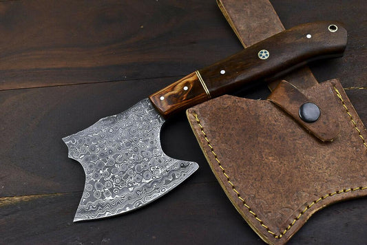Hand Forged Damascus Steel Axe Knife Walnut Wood Hunting Clever Chopper with Leather Sheath